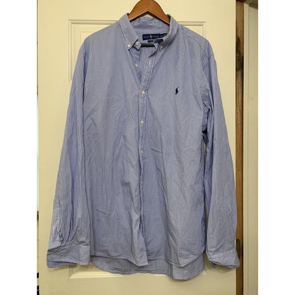 Ralph Lauren Shirt Mens Blue White Pinstripe Button Down Smart Striped XXL Slim